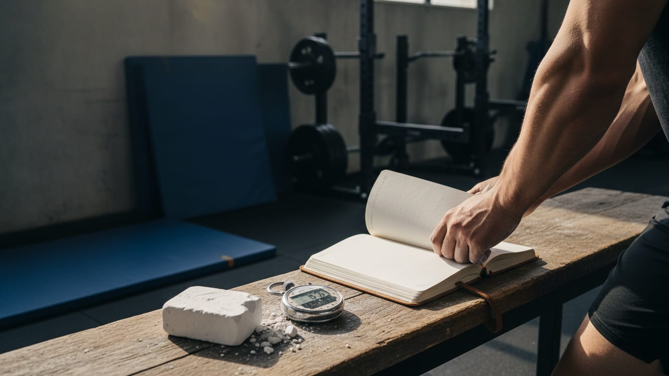 Illustration: A training logbook, a stopwatch and chalk block on a wooden bench in a gym.