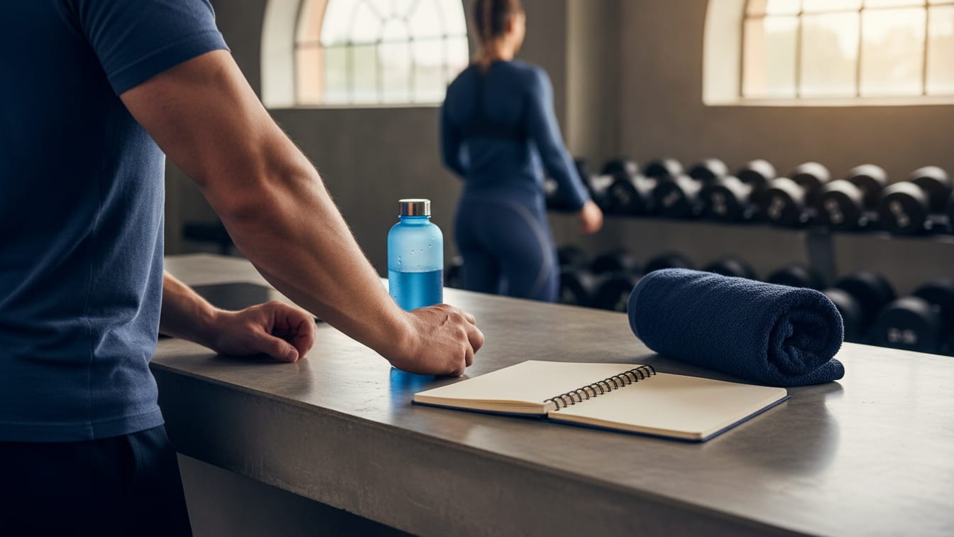 Illustration: A gym reception counter with a towel, a water bottle and a notebook, daylight.