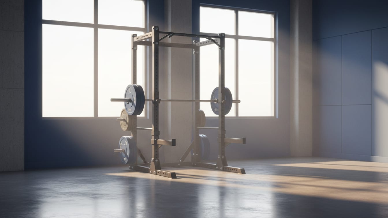 Illustration: An empty training studio with a loaded barbell on a squat rack in morning light.