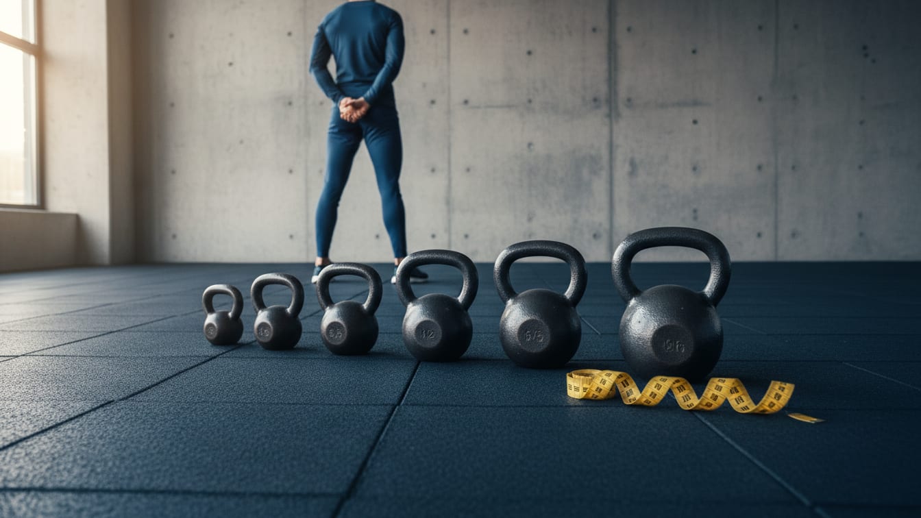 Illustration: A row of kettlebells and a tape measure on a rubber floor under studio light, precise arrangement.