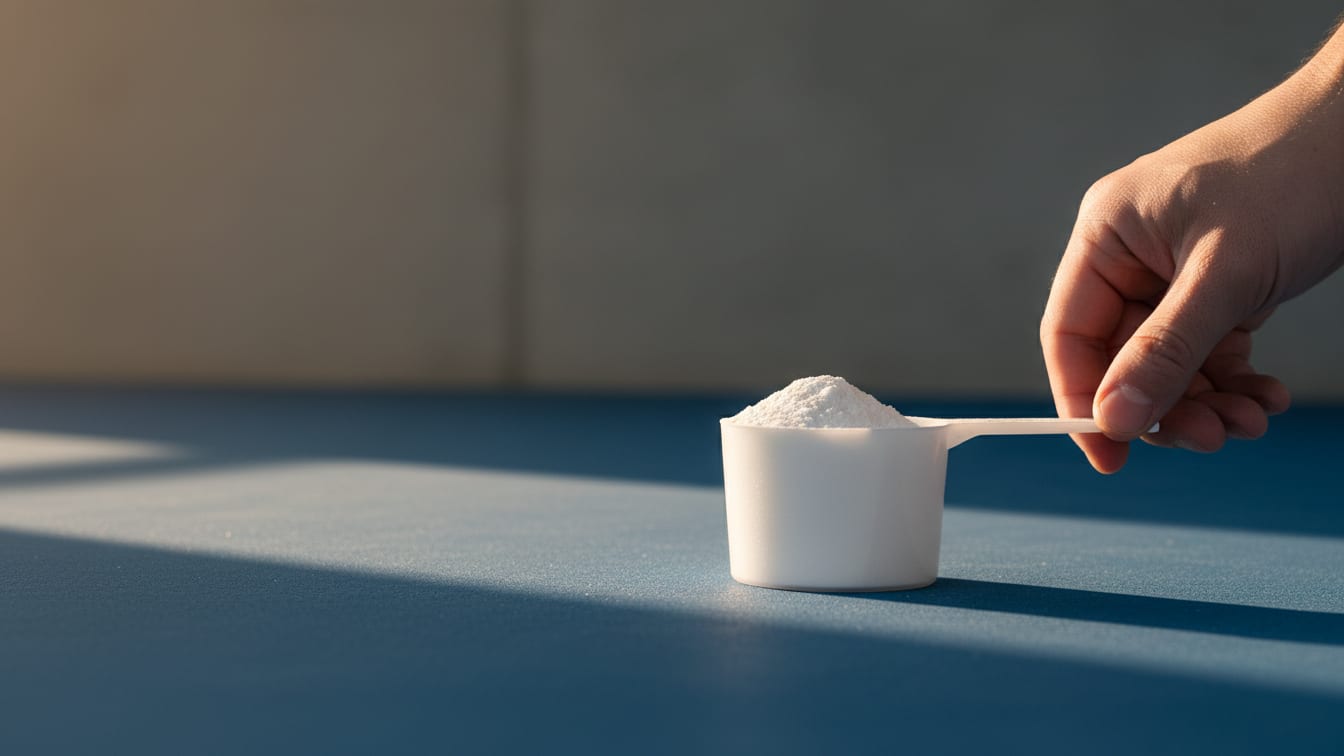 Illustration: A white scoop with white powder on a deep blue surface, lit by warm daylight.
