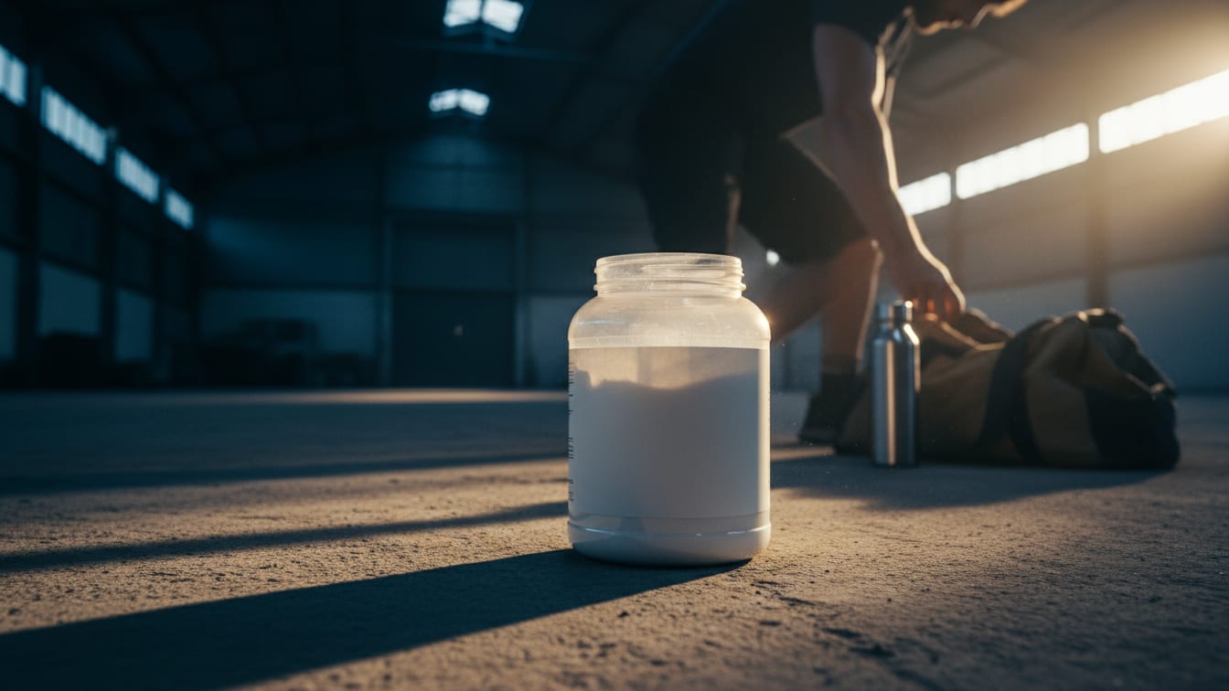 Illustration: An unopened, unbranded tub of creatine on a concrete surface, lit by deep blue and warm highlights.