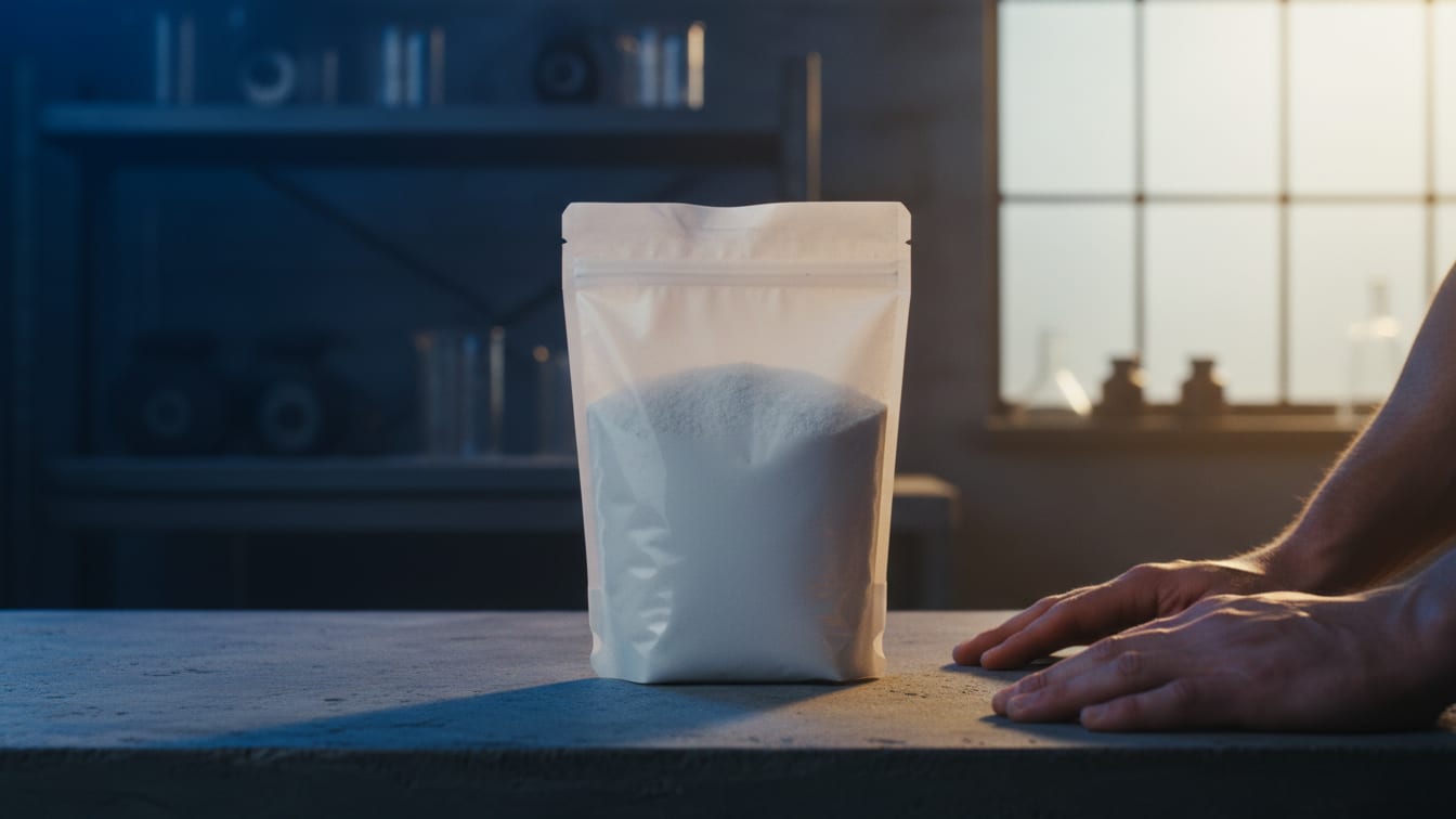 Illustration: A pouch of creatine powder on a concrete lab bench under blue and warm light.