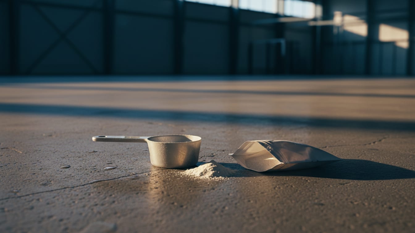 Illustration: Scoop next to an open pouch of creatine powder on a concrete surface in warm morning light.