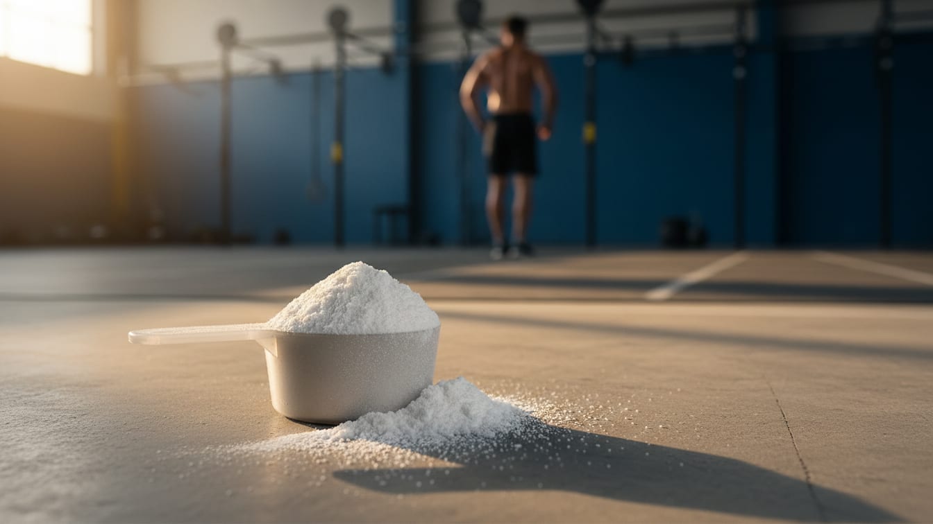 Illustration: A scoop of white powder in a container on a concrete surface, lit by warm daylight.