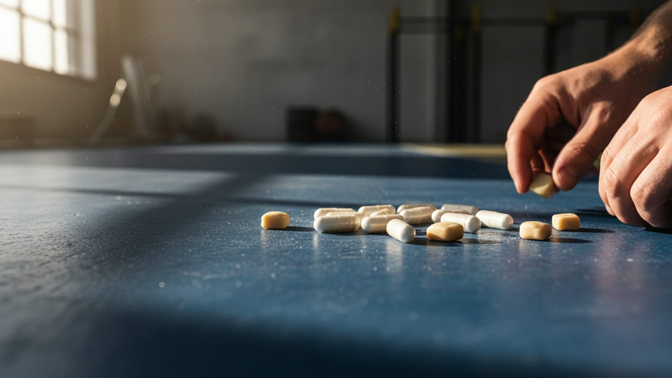 Illustration: An assortment of creatine formats, including powder, capsules, and soft chews, on a blue background.