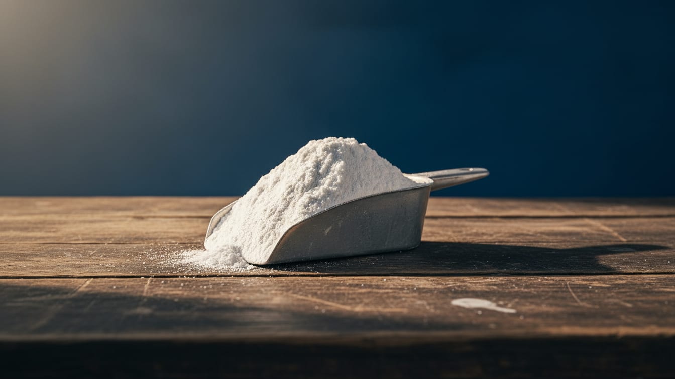 Illustration: An unbranded scoop of white powder on a dark wooden surface with warm light.