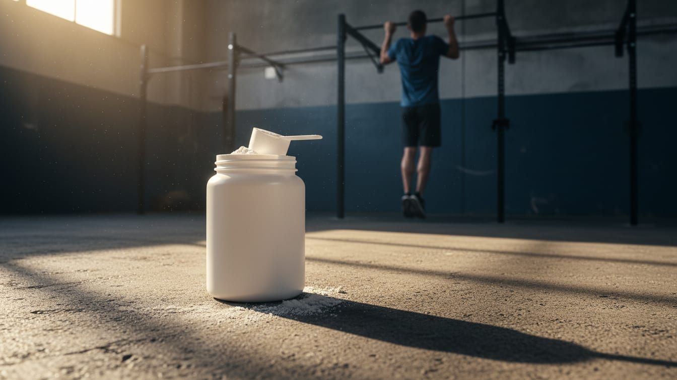 Illustration: An unbranded tub of creatine on a concrete surface, lit by warm morning light.