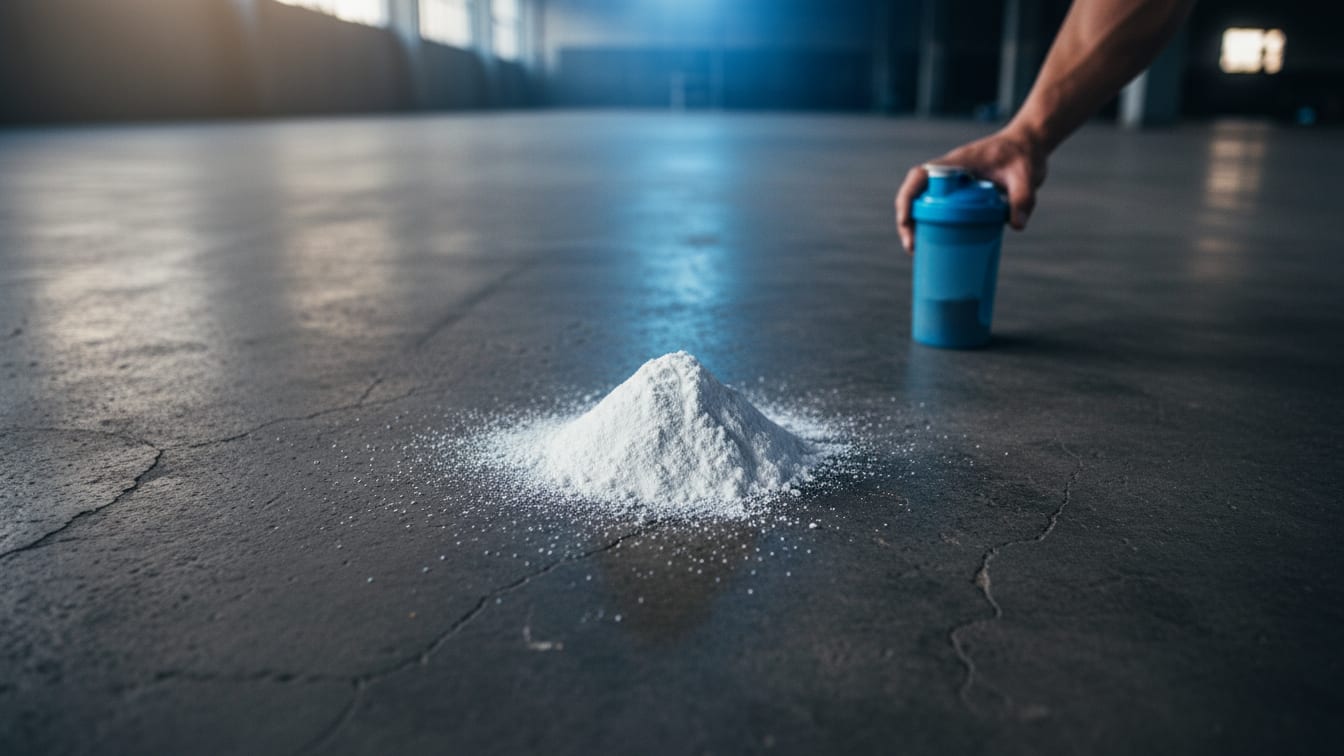 Illustration: A scoop of white creatine powder on a concrete surface under blue light.