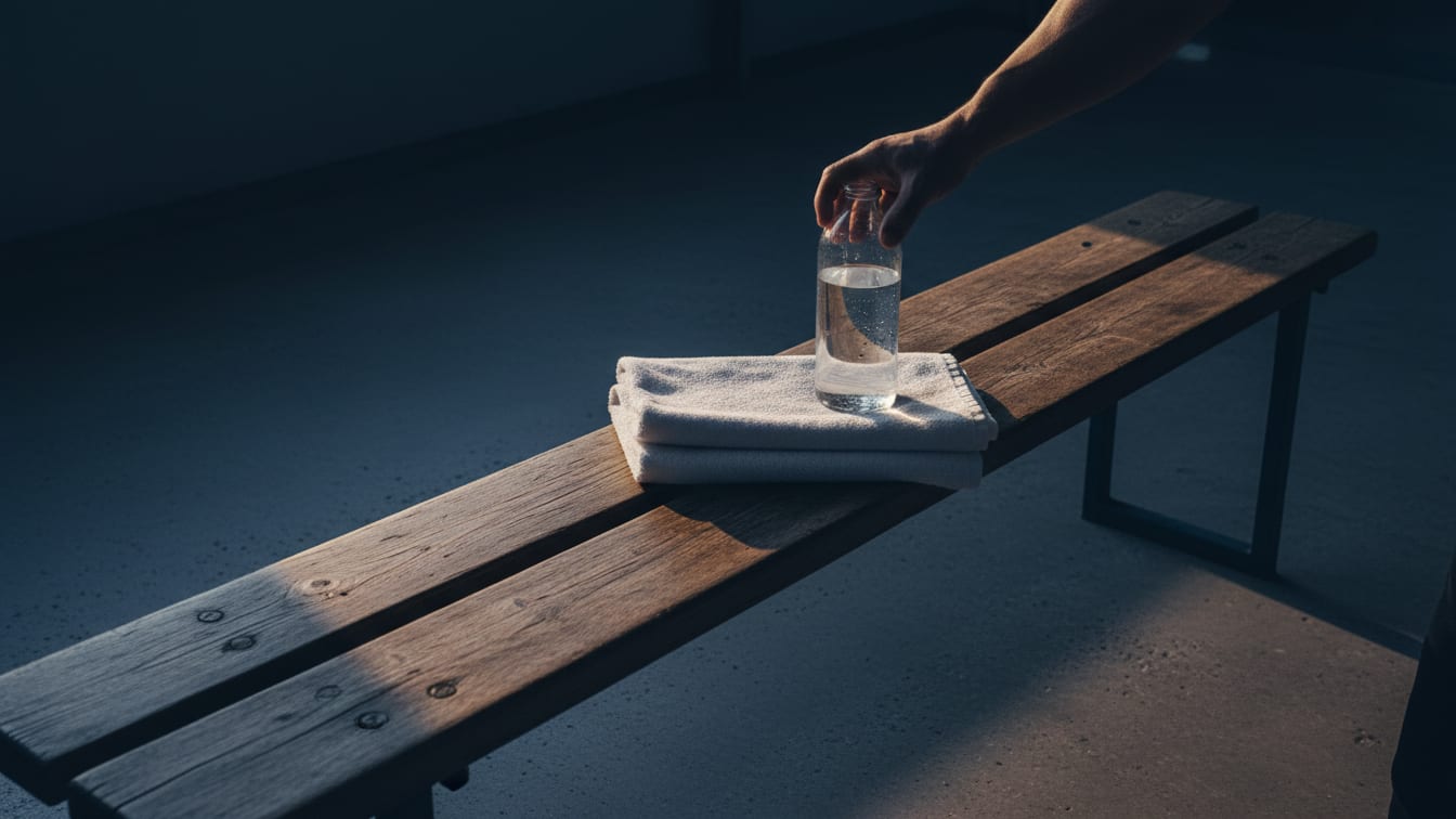 Illustration: An empty locker room bench with a folded towel and a water bottle in early morning light.