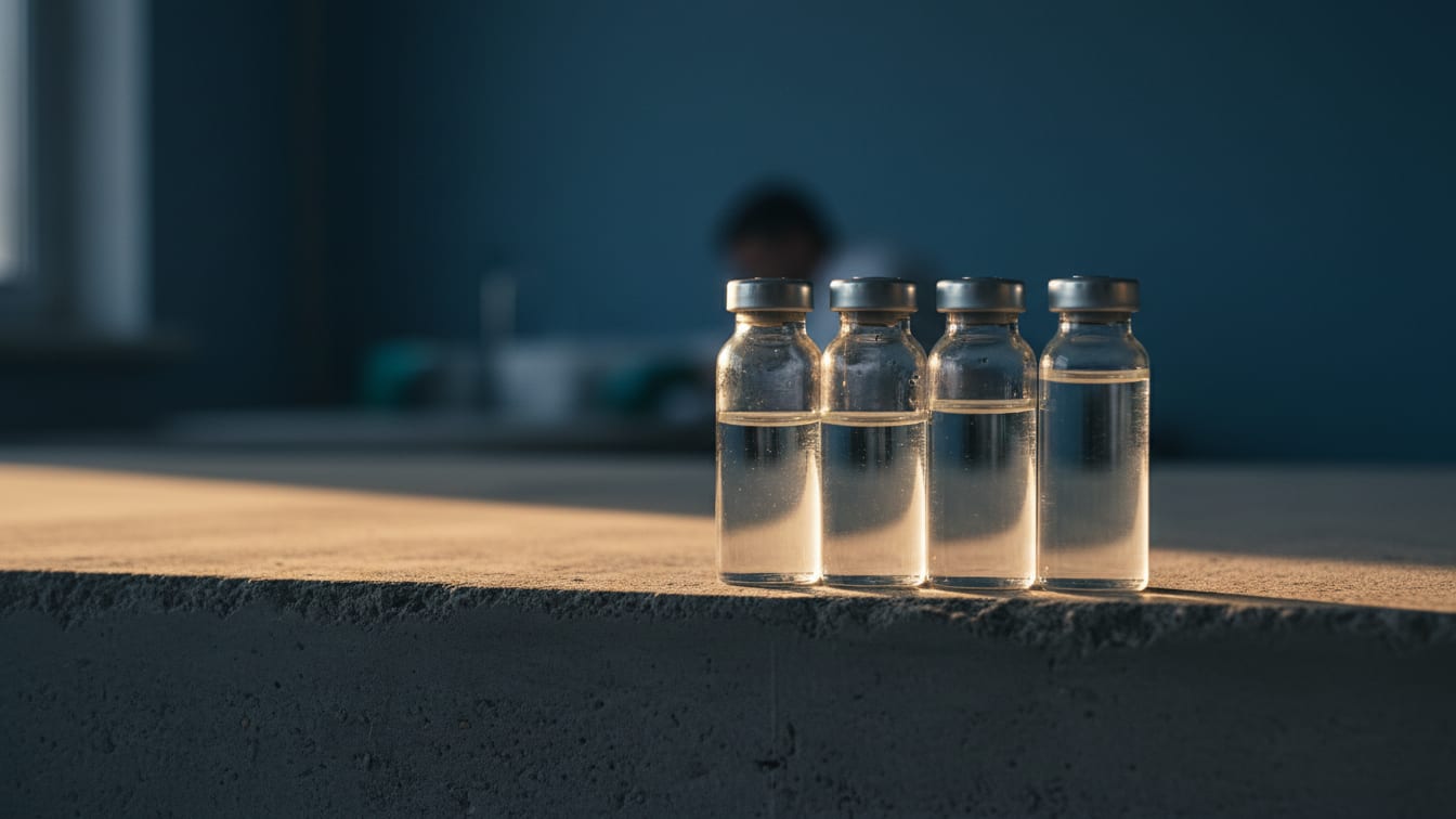 Illustration: Four unlabeled glass vials on a concrete lab bench, with warm morning light.