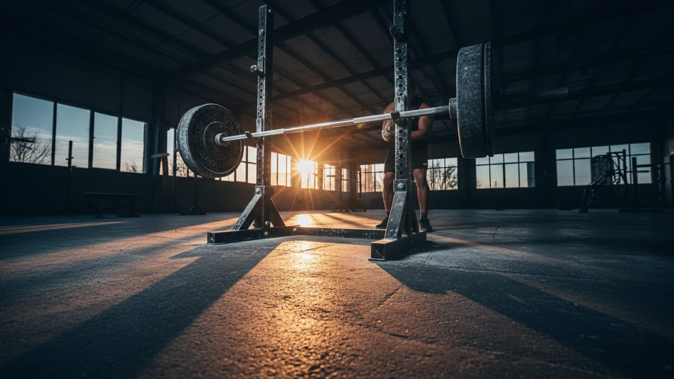 Illustration: A chalk-dusted barbell rests on a squat rack in an empty, dimly lit gym at dawn, with warm daylight on the.