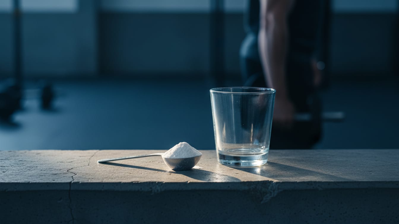 Illustration: A scoop of collagen powder on a stainless steel spoon next to an empty glass of water on a concrete.
