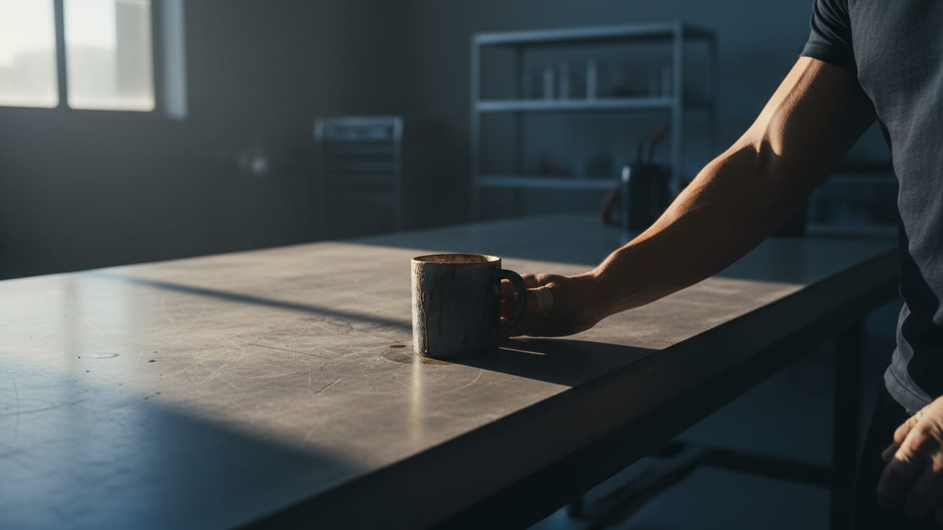 Illustration: A ceramic mug with dark liquid residue on a concrete lab bench under cool morning light.