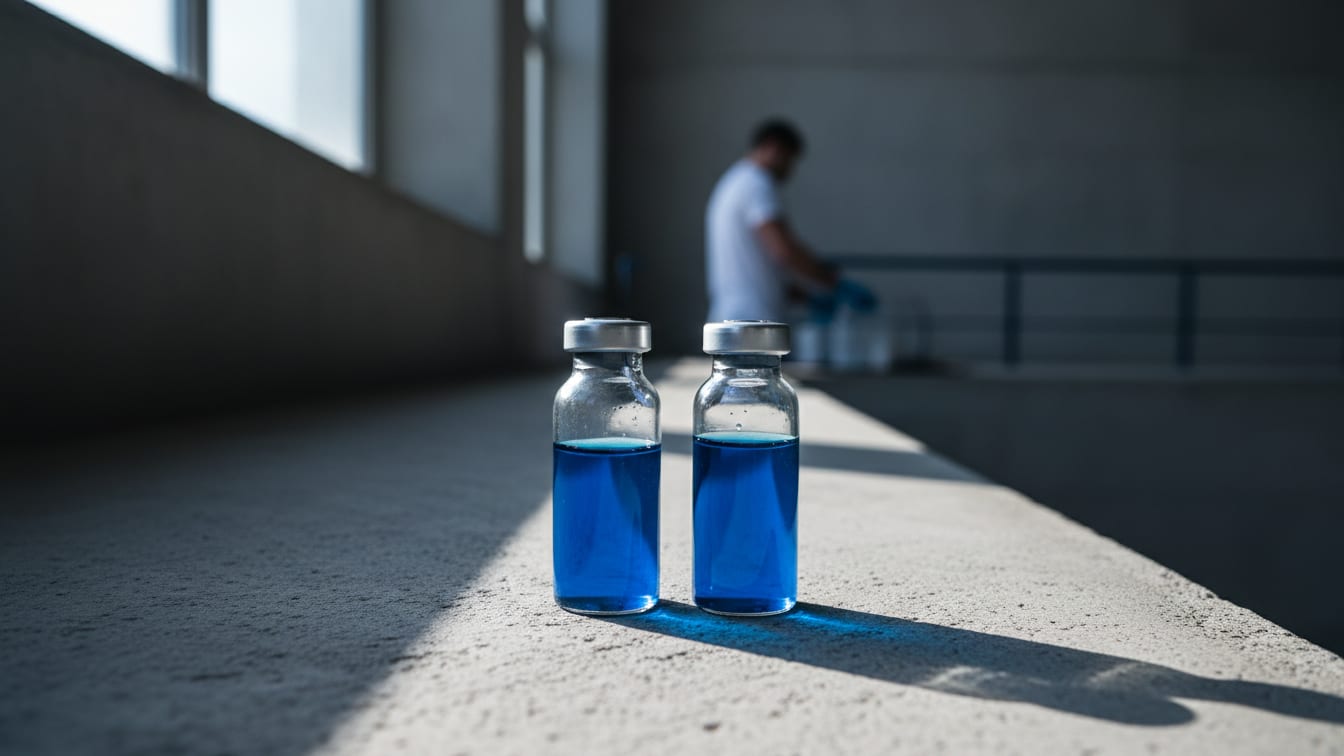 Illustration: Two clear glass vials on a concrete bench in cold morning light, symbolizing unstudied compounds.