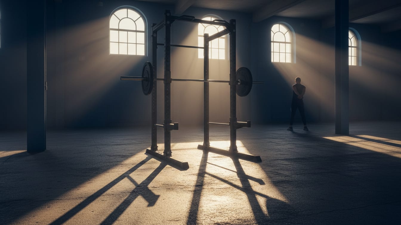 Illustration: An empty gym at dawn with a barbell on a squat rack, illuminated by warm morning light.