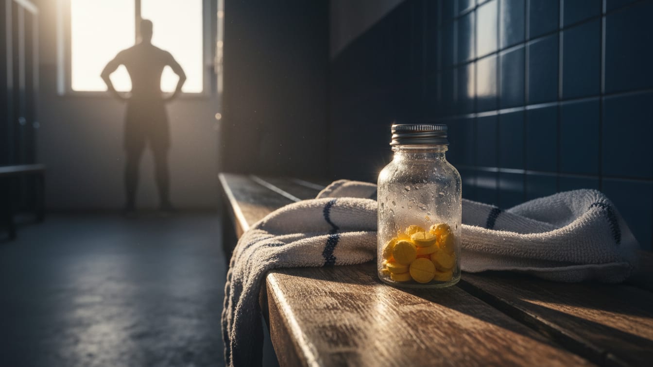 Illustration: An unbranded glass bottle of vitamin C tablets on a wooden bench with a towel in a locker room.
