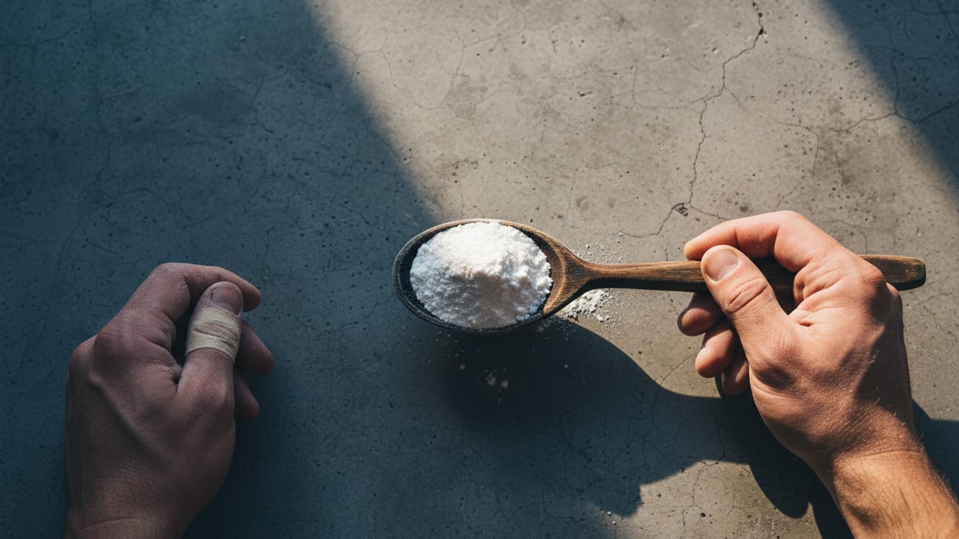 Illustration: A scoop of white collagen powder on a wooden spoon against a concrete background.