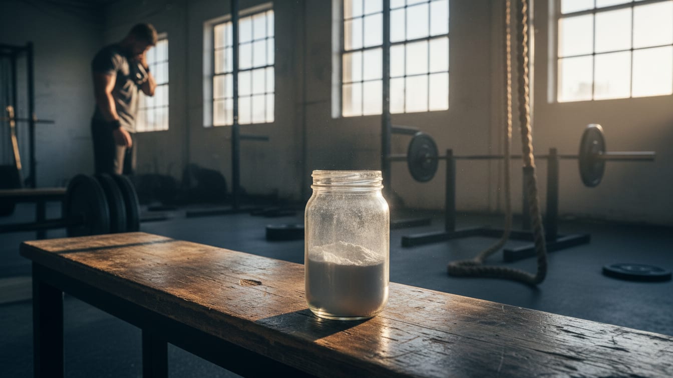 Illustration: A glass jar of white powder on a wooden bench in a gym, lit by morning sun.