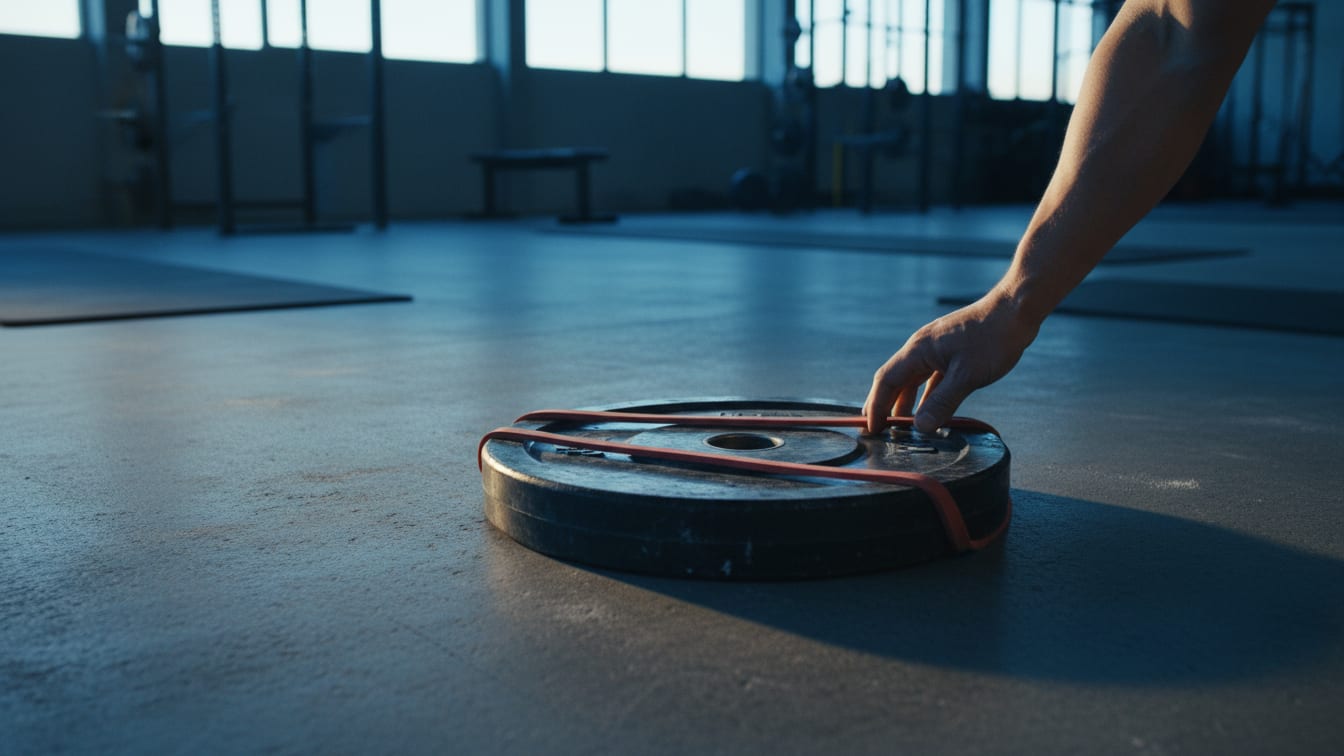 Illustration: A resistance band rests on a weight plate on a concrete floor in predawn light.