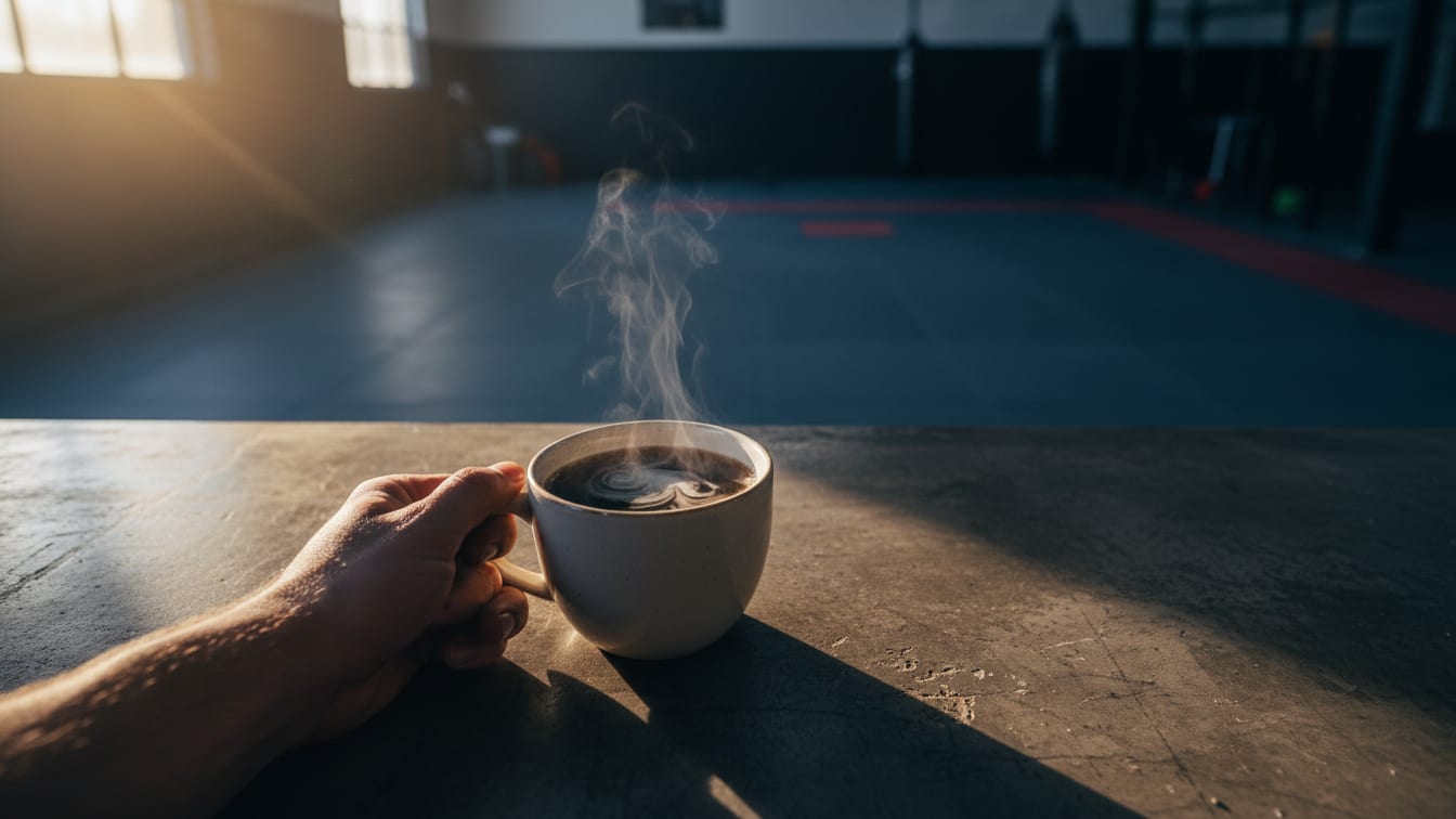 Illustration: A steaming mug of coffee with dissolving powder on a concrete counter in morning light.