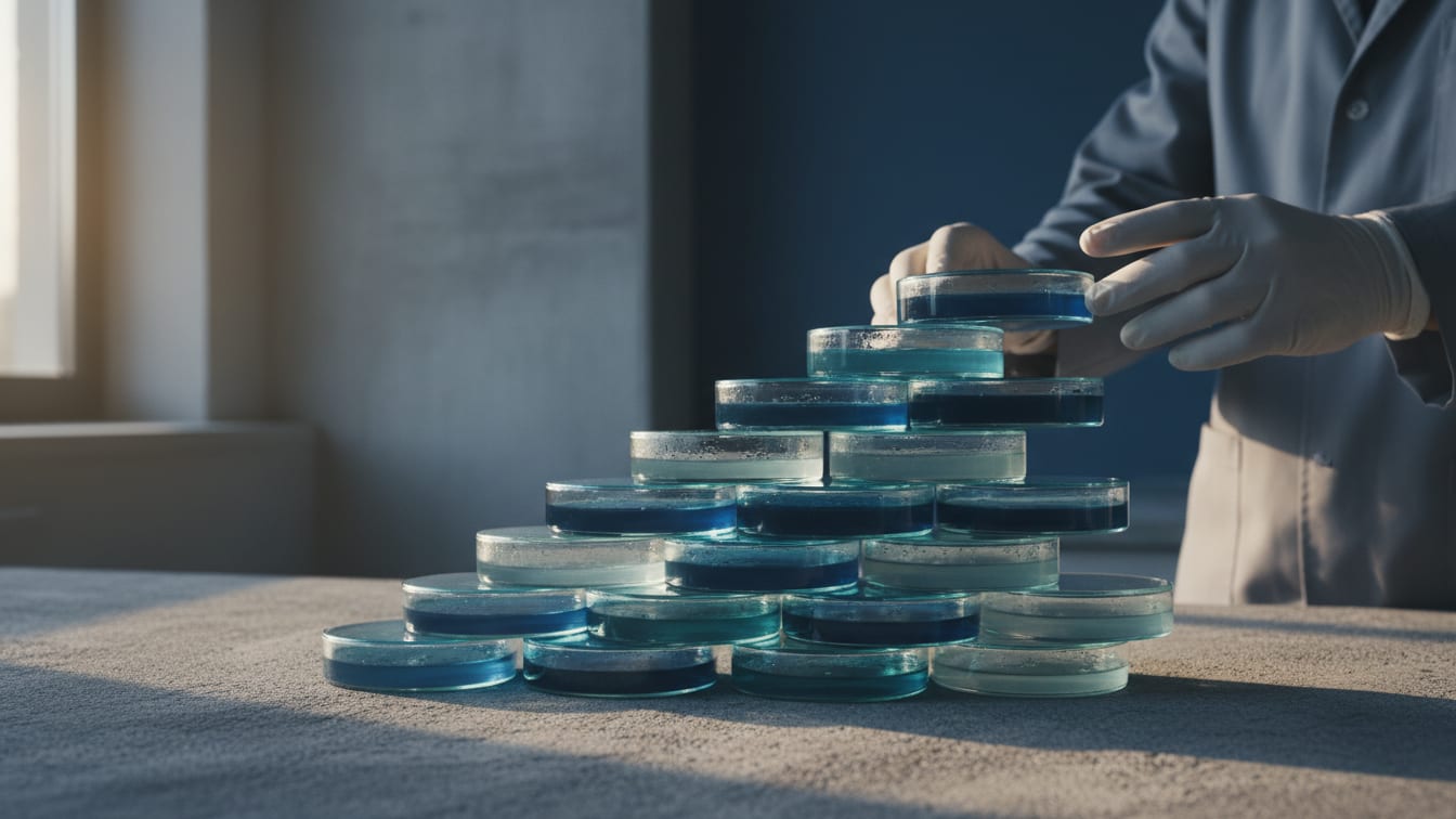 Illustration: A stack of petri dishes on a concrete lab bench under cool light.