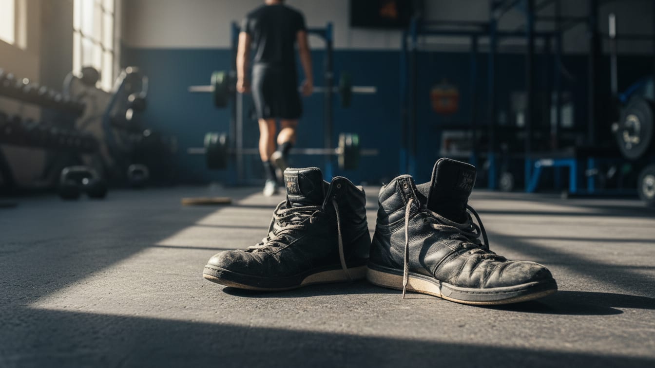 Illustration: Weightlifting shoes on a concrete gym floor in early morning light.