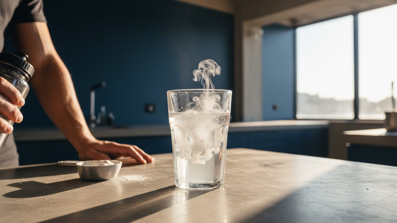 Illustration: Collagen peptide powder dissolving in a glass of water on a concrete counter.
