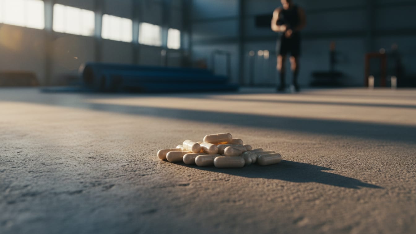 Illustration: A small pile of unbranded capsules on a concrete surface, lit by warm, low-angle light.