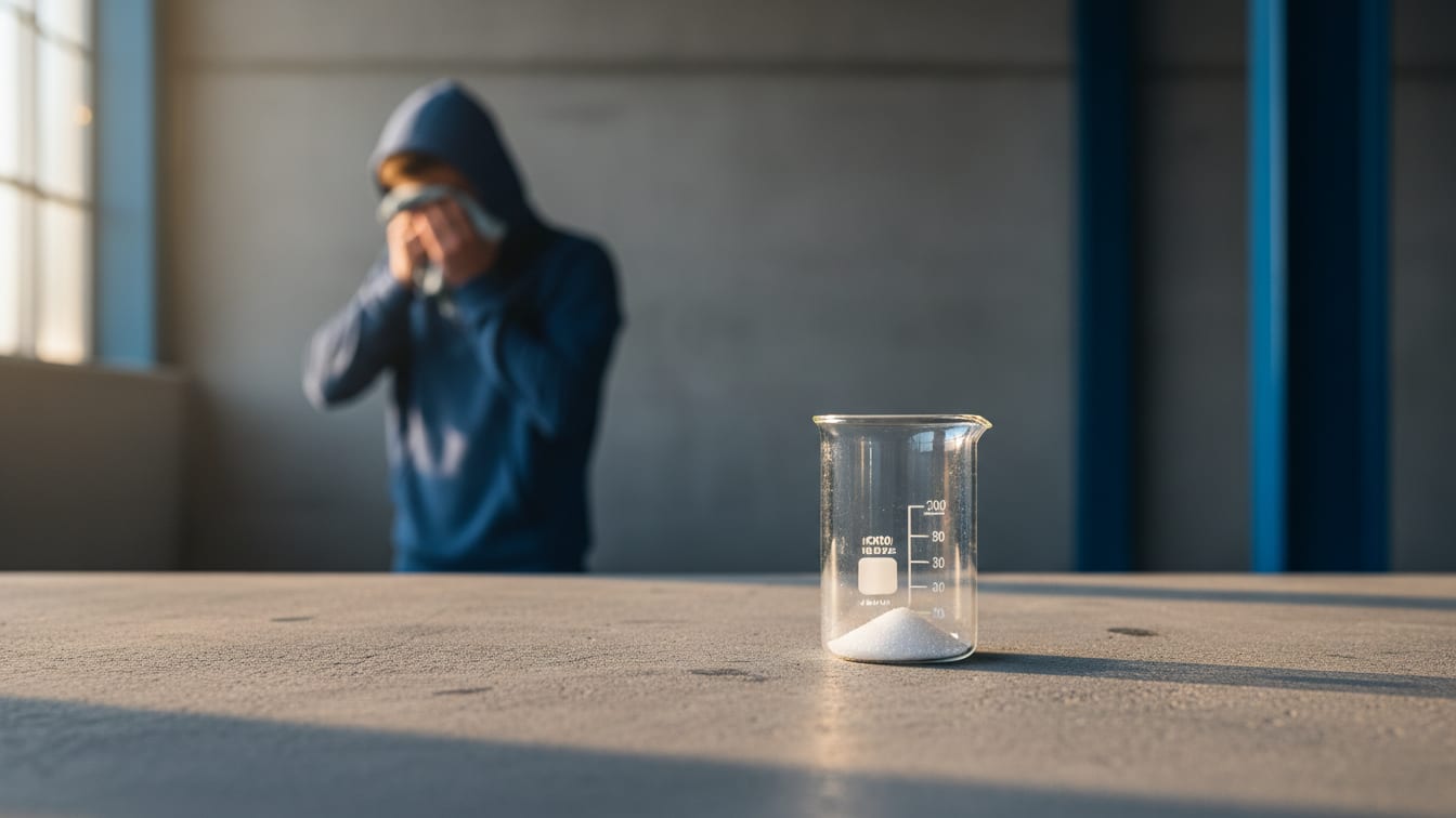 Illustration: A glass beaker with crystalline powder on a concrete lab bench under warm light.