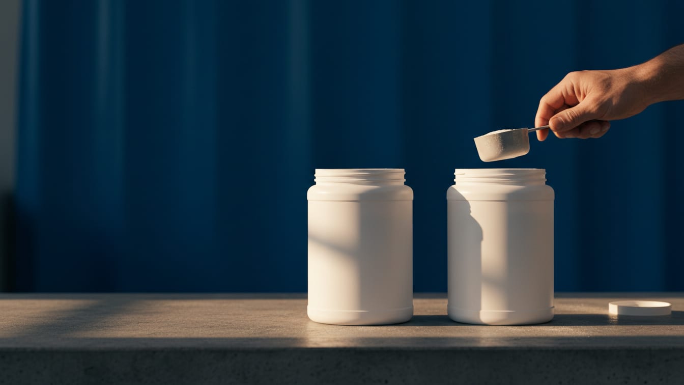 Illustration: Unbranded collagen and whey protein tubs on a concrete lab bench under warm daylight.