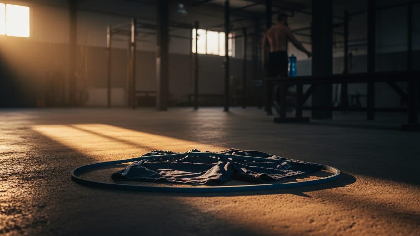 Illustration: Worn athletic shorts and a resistance band on a concrete floor in morning light.