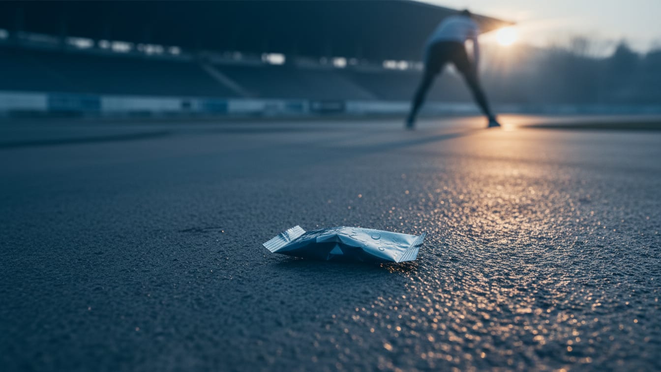 Illustration: A crumpled foil wrapper on a damp concrete track at predawn, with blue light and warm highlights.