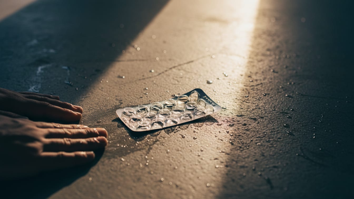 Illustration: An empty medical blister pack on a concrete surface, lit by blue and warm light.