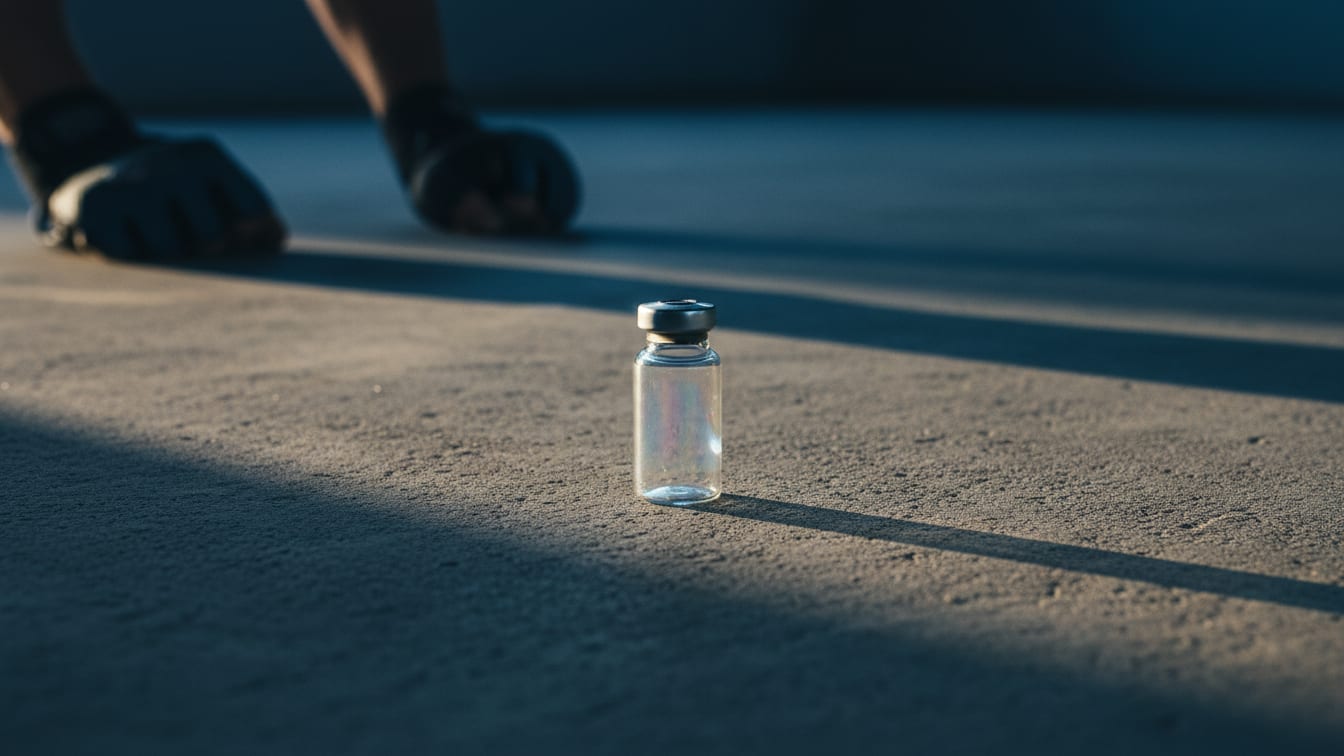 Illustration: An empty, unlabeled glass vial on a grey concrete surface under cool blue light.