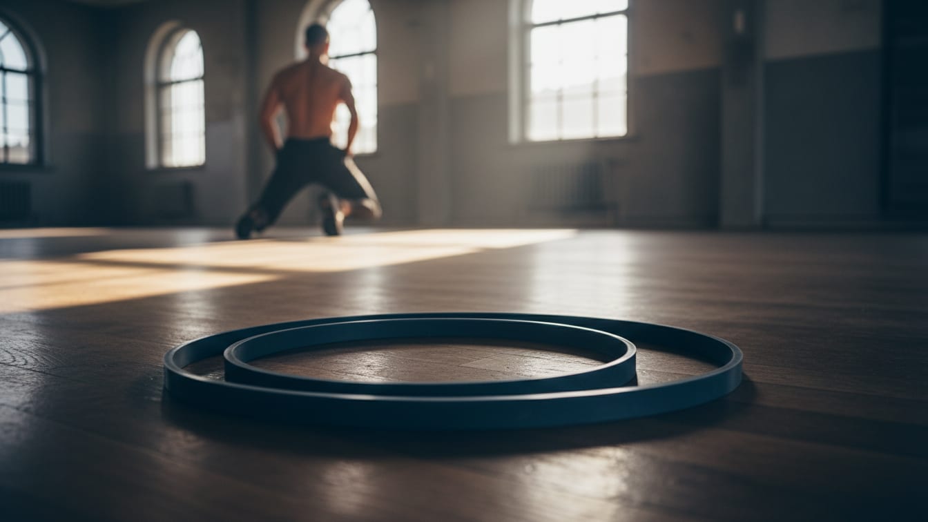 Illustration: A coiled resistance band on a wooden gym floor in early morning light.