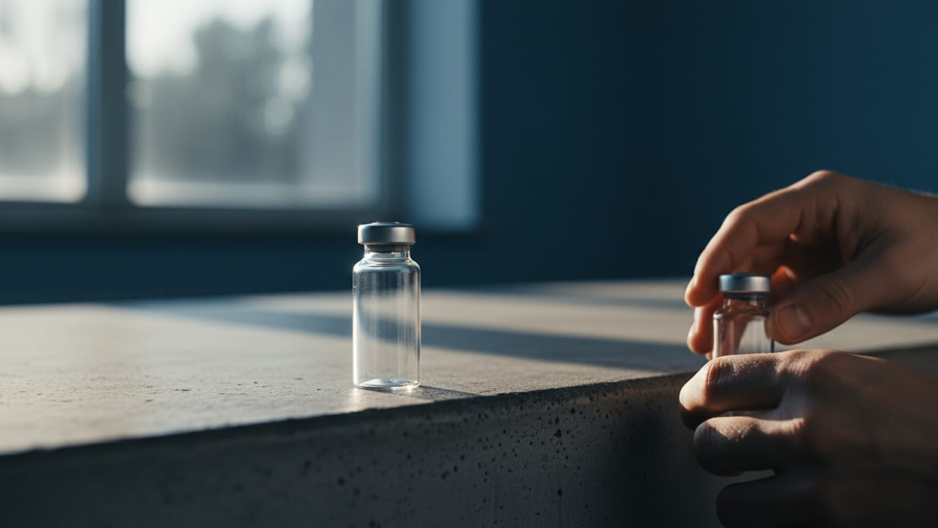 Illustration: An empty glass diagnostic vial on a concrete lab bench under cool light.