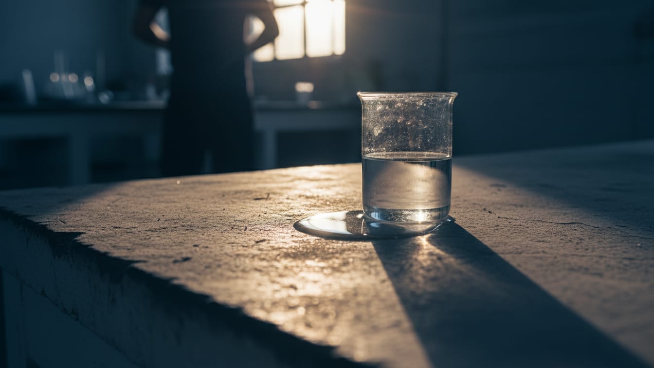 Illustration: A glass beaker with clear liquid on a concrete lab bench in warm morning light.