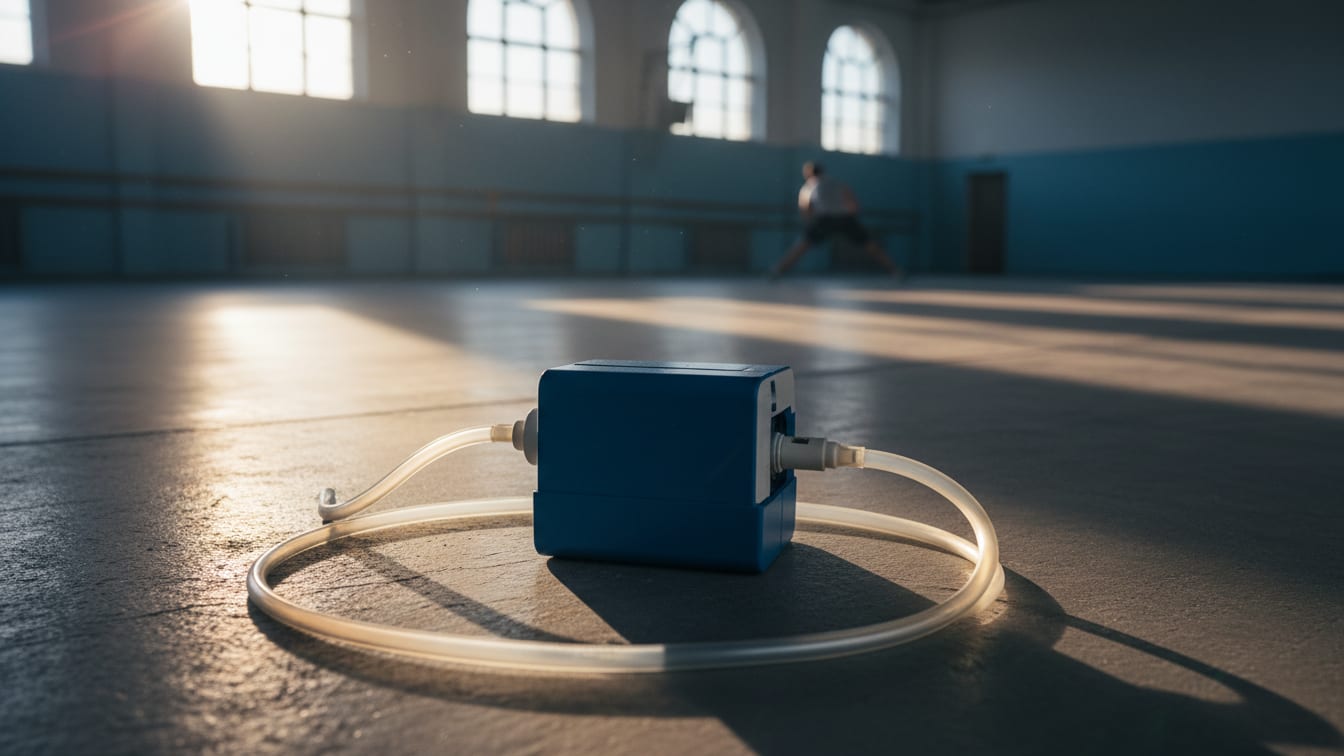Illustration: A medical pump with a clear tube lies on a concrete surface in warm morning light.