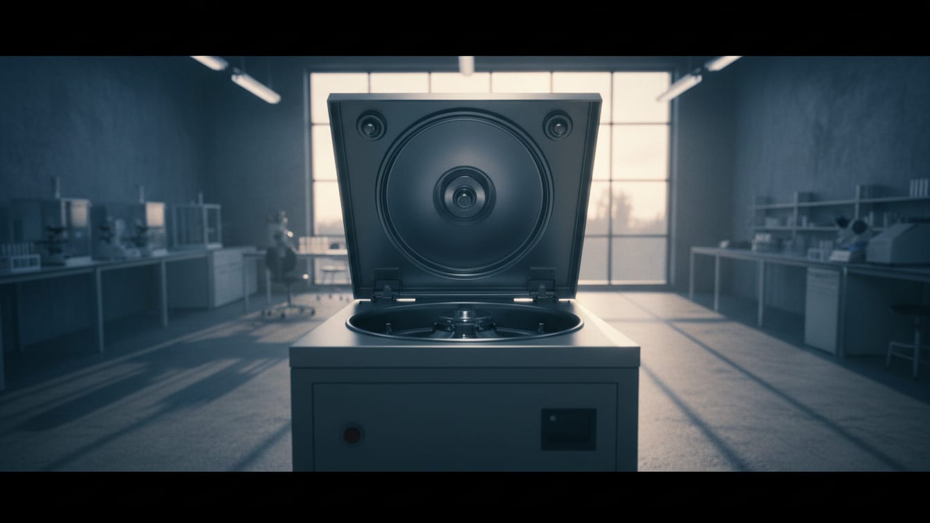 Illustration: An empty laboratory centrifuge under sterile lights, with a deep blue and concrete grey palette.