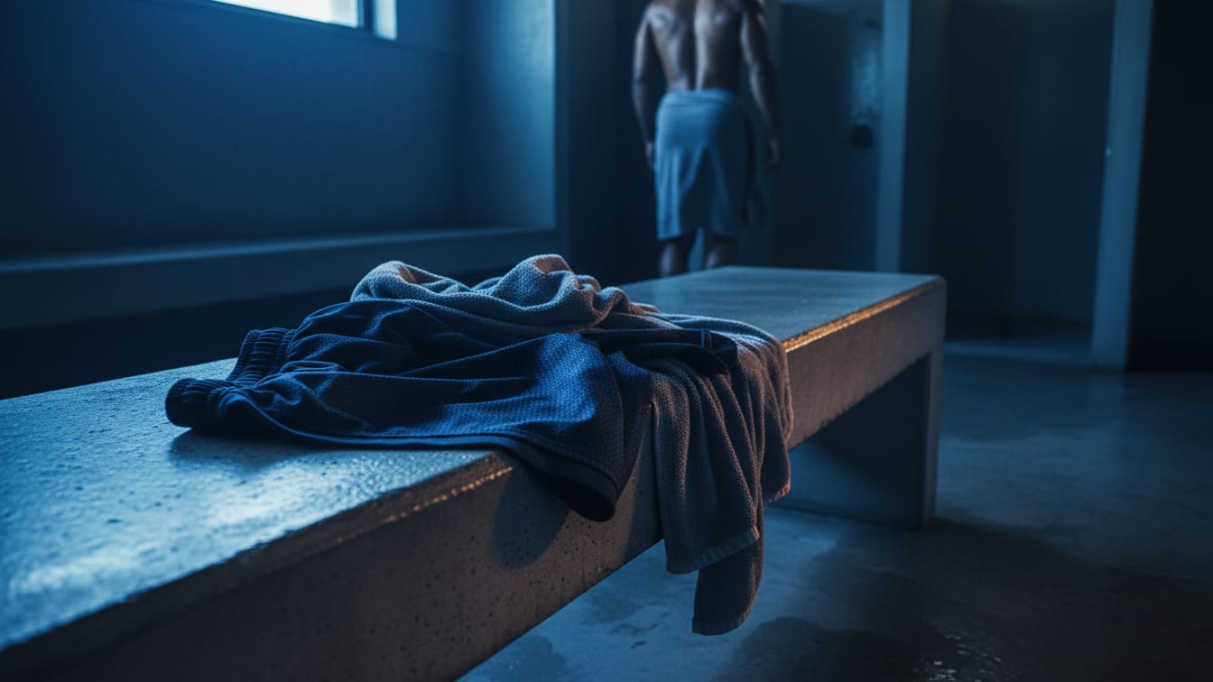 Illustration: Discarded athletic shorts and a sweaty towel on a concrete bench in a dimly lit locker room.