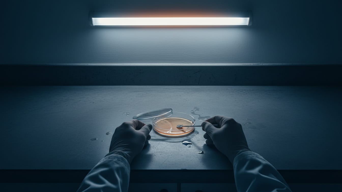 Illustration: An empty petri dish on a concrete lab bench under sterile light, hinting at research but no human trials.