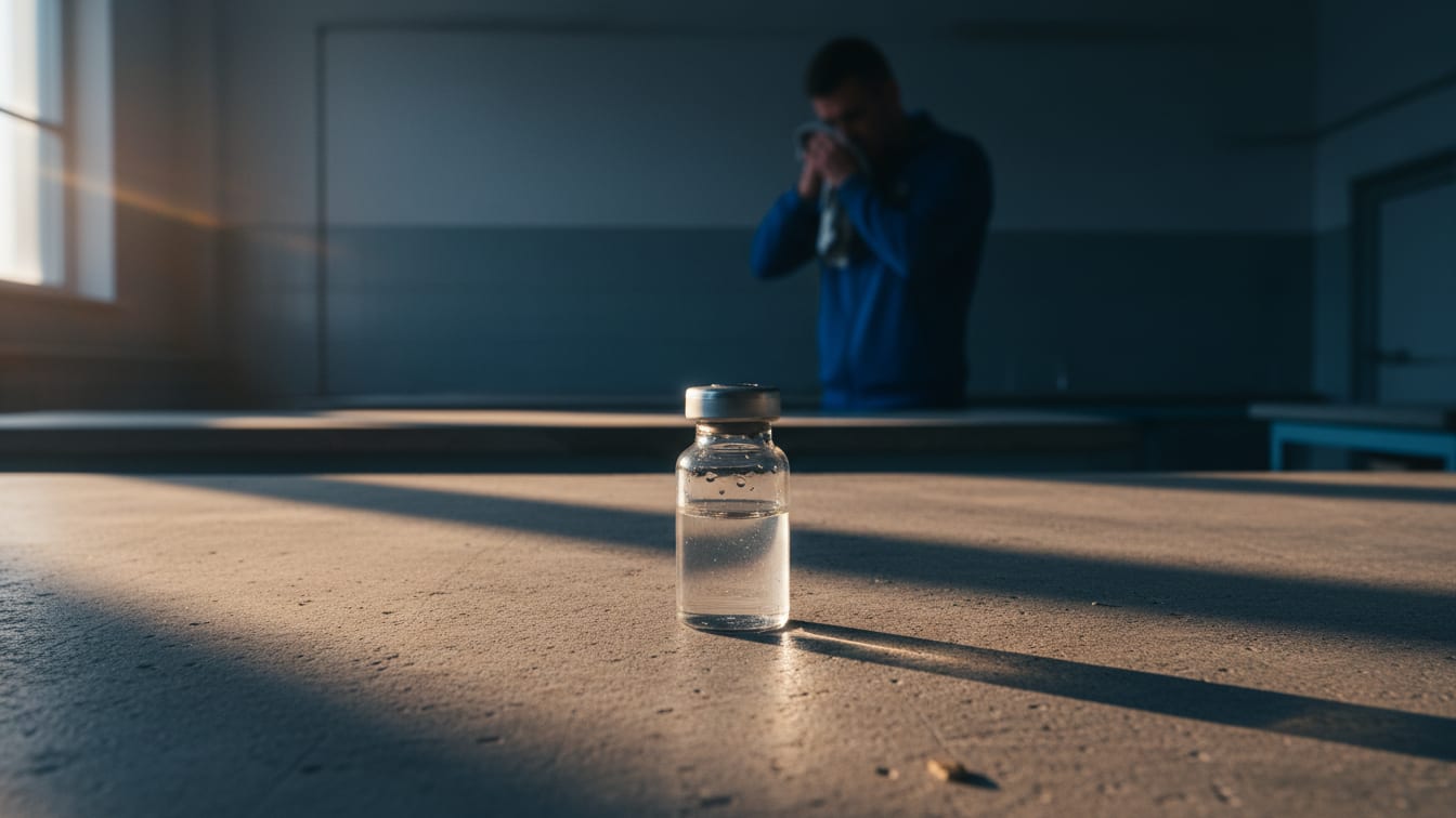 Illustration: An unlabeled glass vial on a concrete lab bench, lit by cool morning light.