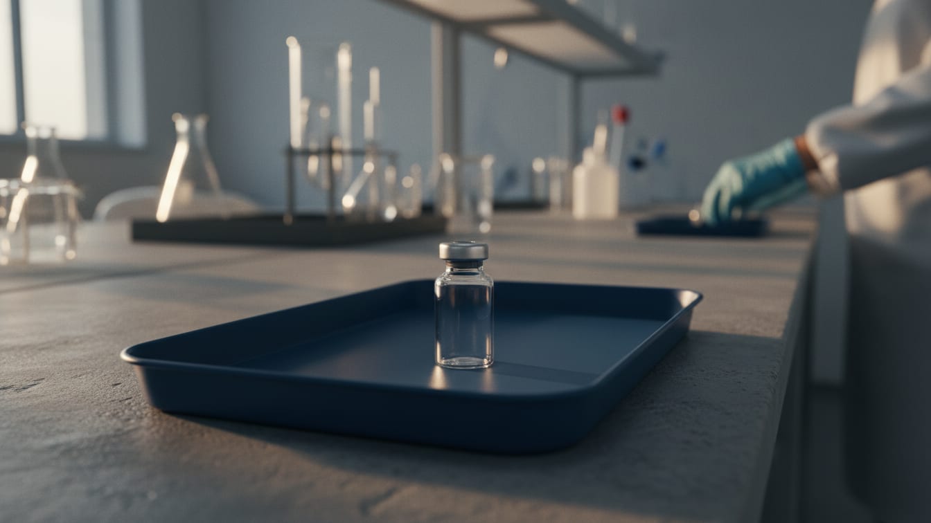 Illustration: An empty glass medical vial on a blue tray in a sterile, concrete-grey laboratory.