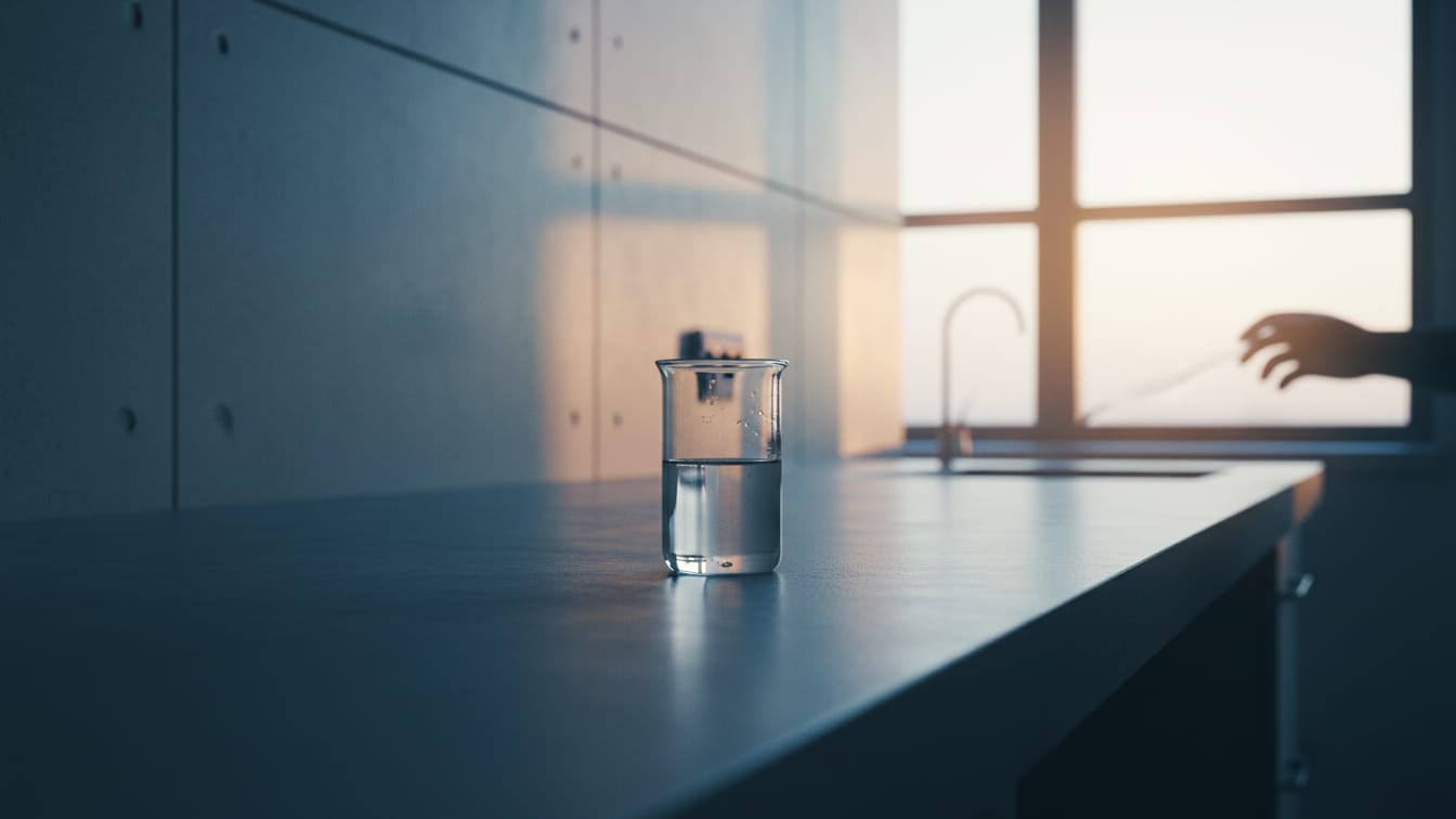 Illustration: A sterile lab bench with a glass beaker containing clear liquid under blue and white light.