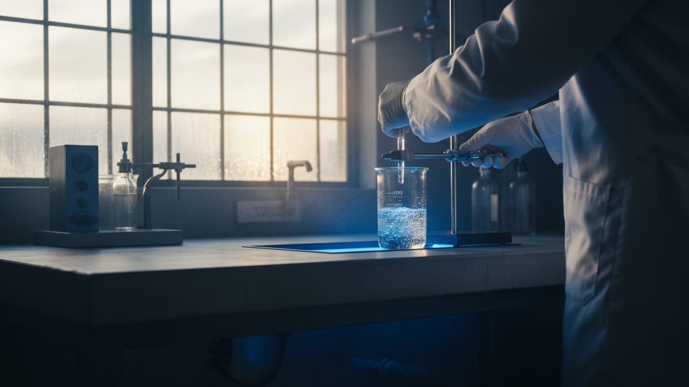Illustration: A lone, unbranded glass beaker containing clear liquid sits on a sterile lab bench under blue light.