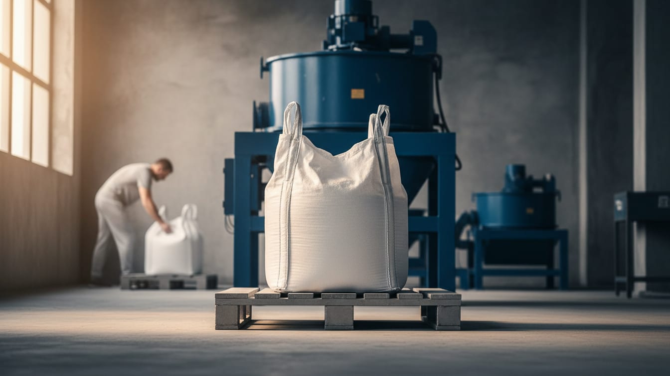Illustration: An unlabelled white sack of fine powder on a steel pallet in a sterile industrial warehouse.