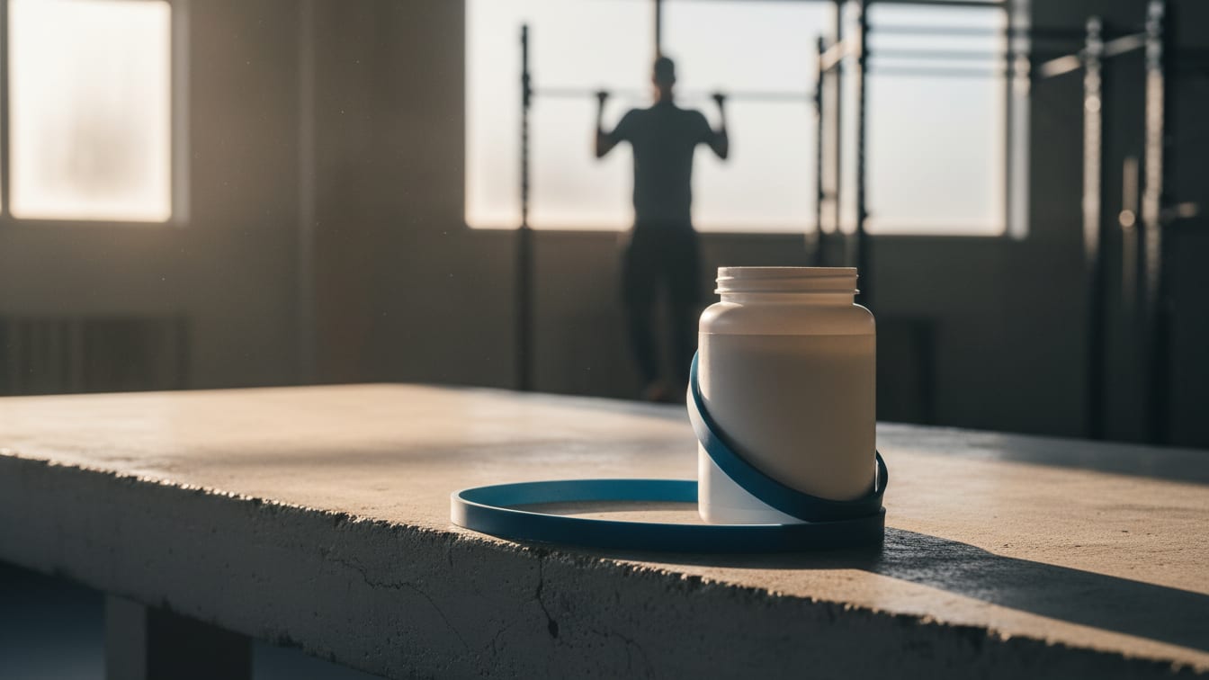 Illustration: An unlabelled creatine tub and a resistance band on a concrete lab bench, lit by morning sun.