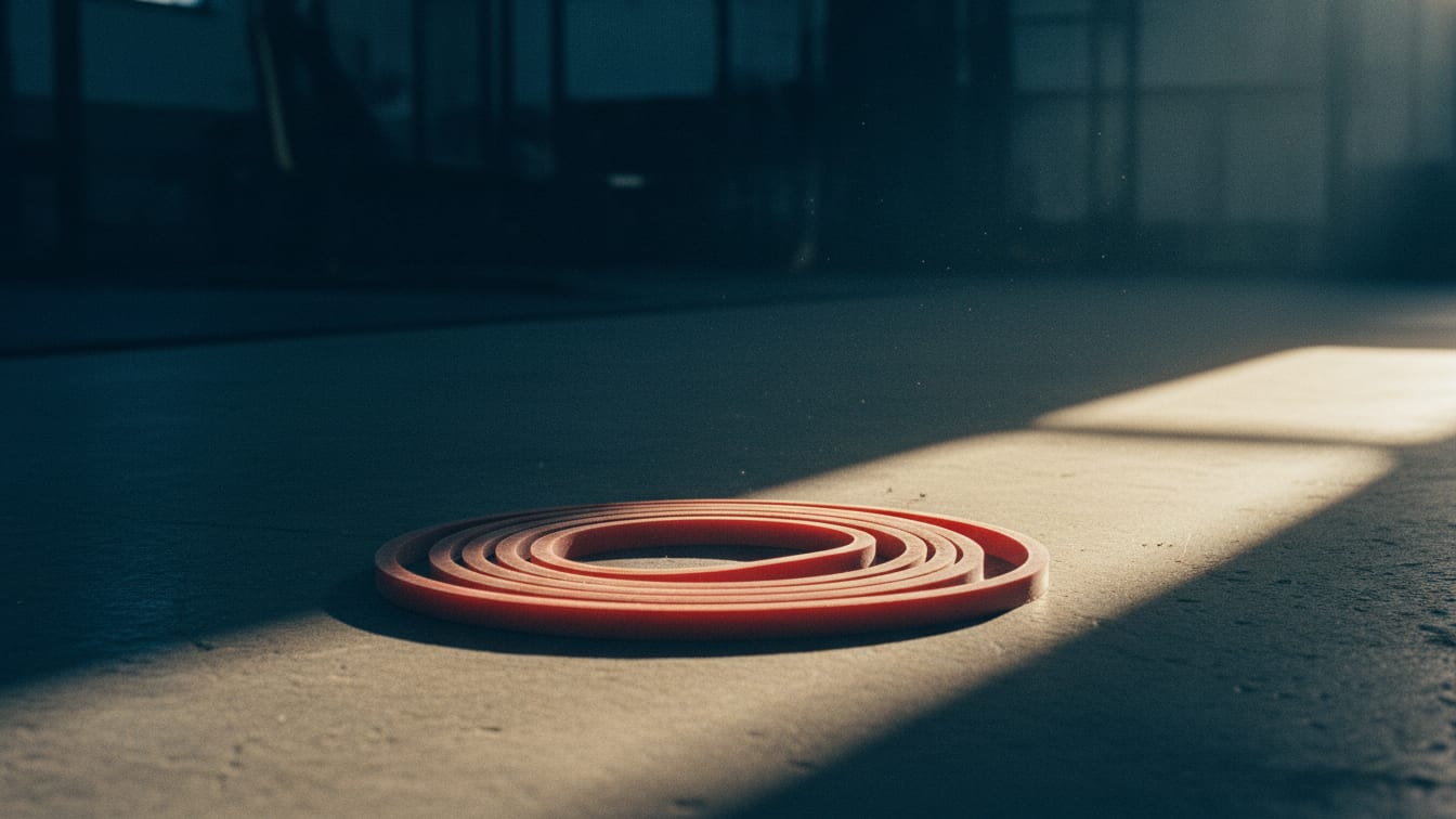 Illustration: A coiled resistance band on a concrete gym floor in early morning light.