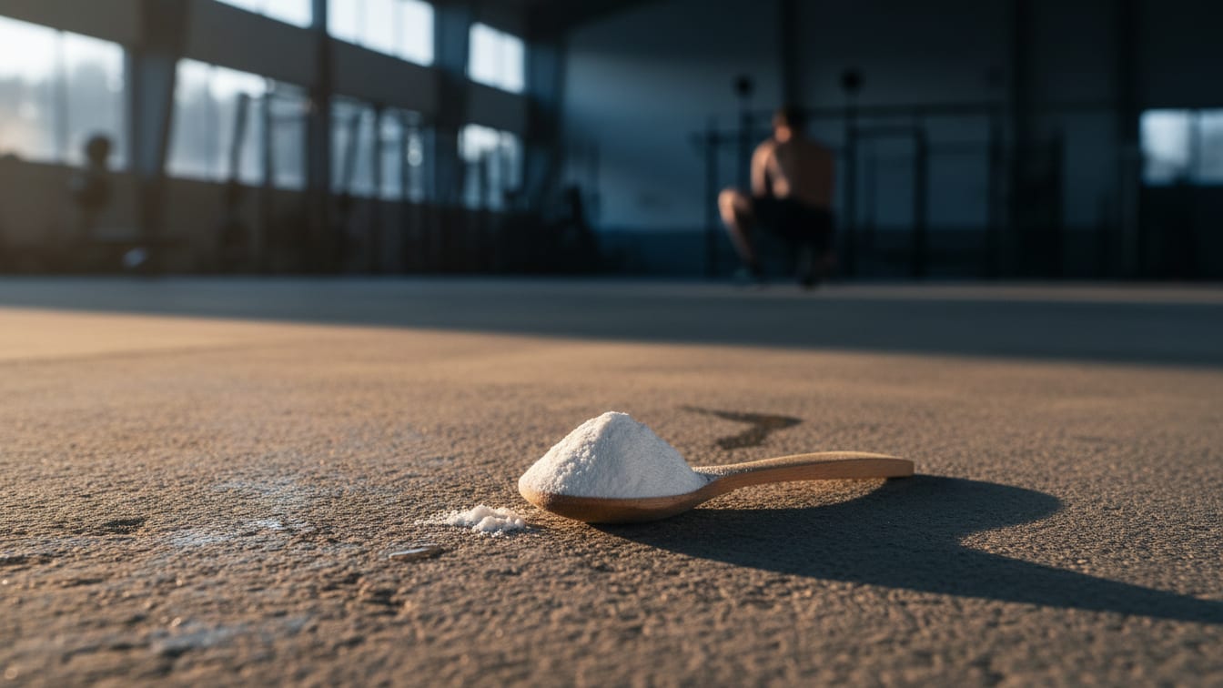 Illustration: A scoop of creatine powder on a wooden spoon on a concrete surface, lit by warm morning light.